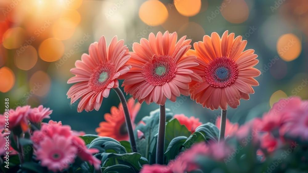 A pair of pink blossoms resting atop a green and pink bouquet against a hazy backdrop A pair of pink blossoms resting atop a green and pink bouquet against a hazy backdrop