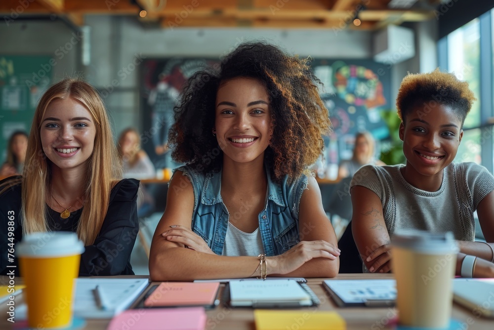 Three young women with cheerful expressions seated at a table in a collaborative workspace setting. Three young women with cheerful expressions seated at a table in a collaborative workspace setting.