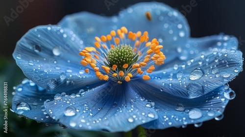  Close-up of a blue flower with water droplets and a green stem in the foreground