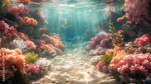  An underwater panorama of a vivid coral ecosystem with abundant multicolored corals flourishing beneath the waves