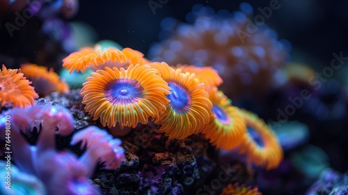  A photo of a close-up of an orange and blue sea anemone, surrounded by other sea anemones in the background © Nadia