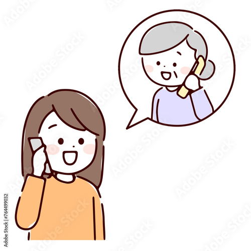 電話で楽しく話す女性とシニア女性