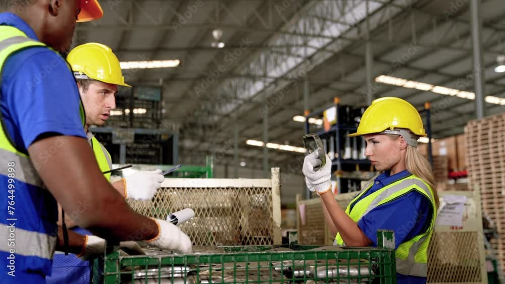 Group of warehouse employees using a digital warehouse management system. logistics manager using a digital tablet while having a meeting with his team. Group of warehouse employees using a digital warehouse management system. logistics manager using a digital tablet while having a meeting with his team.