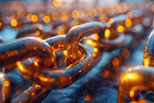 Iridescent golden blockchain chains on a textured surface symbolize digital security.