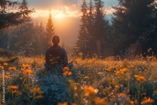 A solitary figure sits facing a vibrant sunset amidst a wildflower meadow in the mountains.