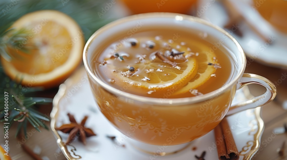 A photo of a close-up teacup on a plate with a lemon slice A photo of a close-up teacup on a plate with a lemon slice