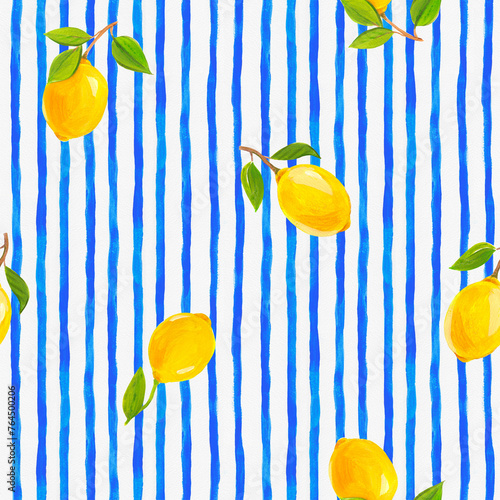 Beautiful fresh summer design with watercolor yellow lemon fruits and blue stripes on the background. Stock illustration. Ready print for textile. Seamless pattern. © zenina