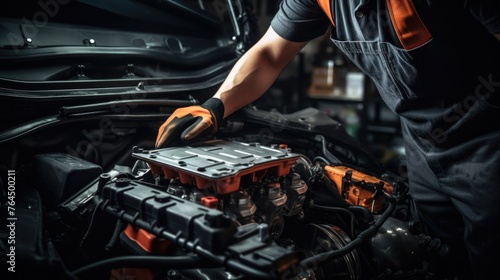 Technician Hands of car mechanic working repair in auto repair Service electric battery and Maintenance of car battery. Check the electrical system inside the car photo