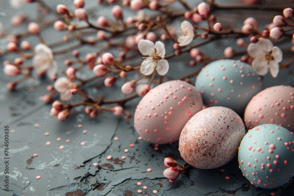 Obraz premium Pastel Easter eggs with dots, alongside white cherry blossoms on a textured grey surface.