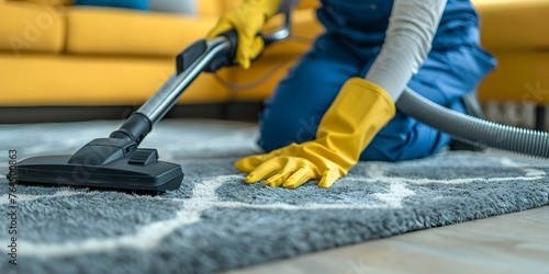 Closeup of female cleaning service workers hands using vacuum on rug. Concept Cleaning Services, Female Workers, Closeup, Vacuum, Professional Rug Cleaning