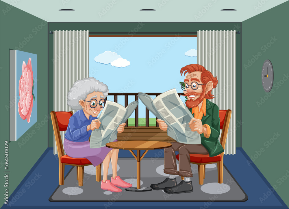 Elderly couple reading newspapers in a living room Elderly couple reading newspapers in a living room