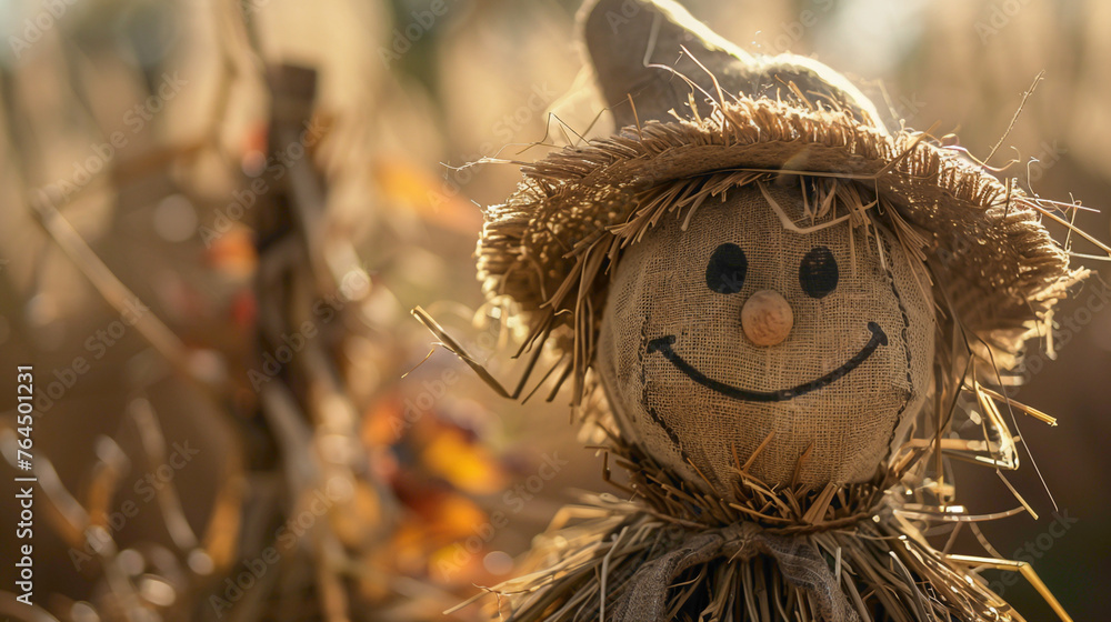 Obraz premium Cute scarecrow with scary smiling face wearing Unique hat.
