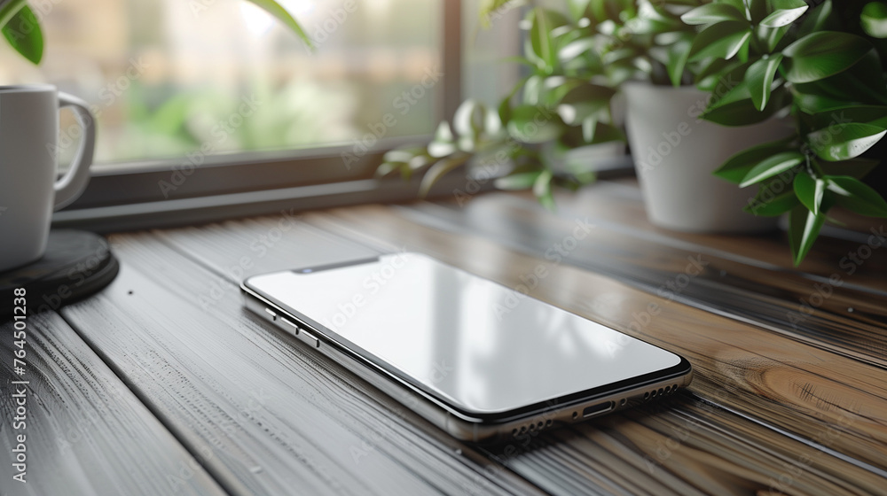 A sleek cell phone rests on a rustic wooden table, blending modern technology with natural elements for a harmonious contrast.  Mobile Phone Mockup with white screen