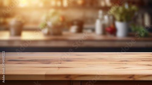 Wooden table on blurred kitchen bench background. Empty wooden table and blurred kitchen background