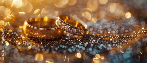 Pair of shiny wedding rings on a sparkling background, with copy space, luxury