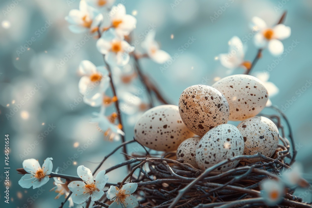 Two speckled eggs nestled in a twig nest, adorned with white spring flowers against a soft blue background. Two speckled eggs nestled in a twig nest, adorned with white spring flowers against a soft blue background.