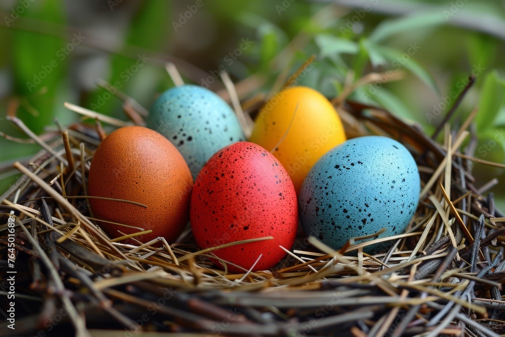 A collection of five speckled eggs in a nest, with a focus on vibrant hues of red, blue, yellow, and brown. A collection of five speckled eggs in a nest, with a focus on vibrant hues of red, blue, yellow, and brown.