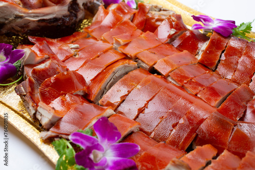 A view of a platter of Chinese whole roast pig.