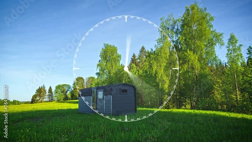 Time-lapse of a cabin during the Four seasons, with a rotating animated clock