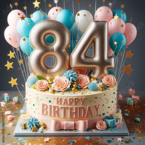 Vector Illustration of a Number 84th Birthday Balloon Celebration Cake, Adorned with Sparkling Confetti, Stars, Glitters, and Streamer Ribbons for a Festive Atmosphere	 photo