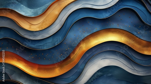 Colorful modern curvy waves background illustration with amazing blue navy and golden flow and stream organic patterns, panorama backgrounds