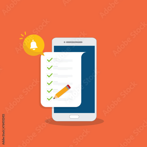 Checklist. Check list document on smartphone, smartphone with paper check list and to do list with checkboxes, concept of survey, online quiz, completed things or done test, feedback.	 