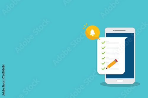 Checklist. Check list document on smartphone, smartphone with paper check list and to do list with checkboxes, concept of survey, online quiz, completed things or done test, feedback.	 