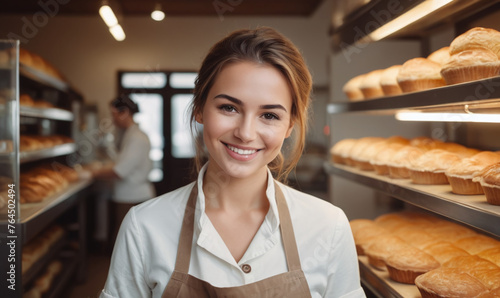 Beautiful young female baker standing in a bakery and smiling at the camera