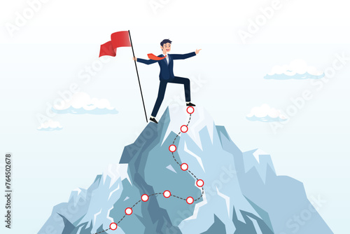 Success businessman winner on hilltop milestone path, success journey, milestone to reach goal, challenge or achievement, business progress or growth to succeed, climbing mountain mission (Vector)
