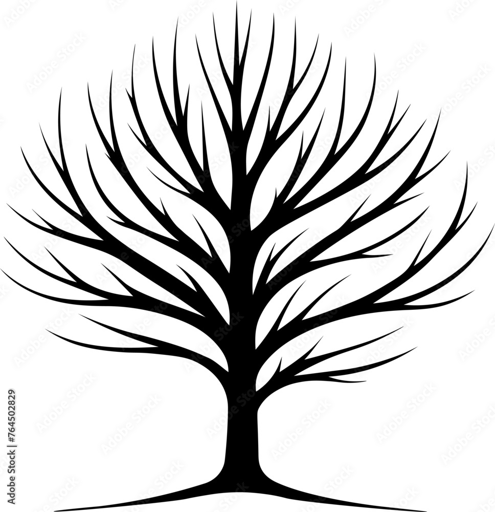 Silhouette of a leafless tree. Vector graphic with a black outline isolated on white background. Nature and environment concept for design and print. Flat lay composition Silhouette of a leafless tree. Vector graphic with a black outline isolated on white background. Nature and environment concept for design and print. Flat lay composition
