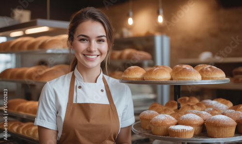 Beautiful young female baker standing in a bakery and smiling at the camera