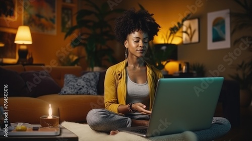 A young Afro-American woman learns to meditate in a guided session by an online instructor through her laptop at home to enhance her mental health