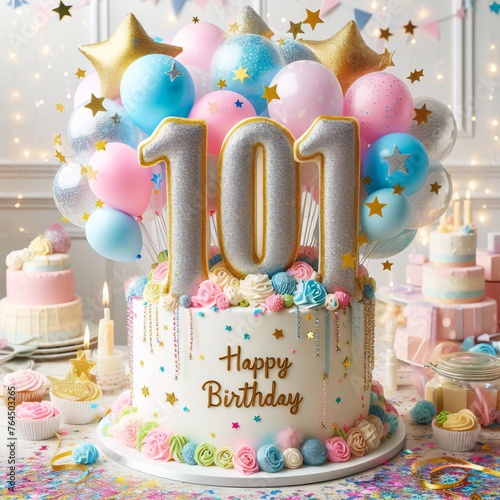 Vector Illustration of a Number 101st Birthday Balloon Celebration Cake, Adorned with Sparkling Confetti, Stars, Glitters, and Streamer Ribbons for a Festive Atmosphere	 photo