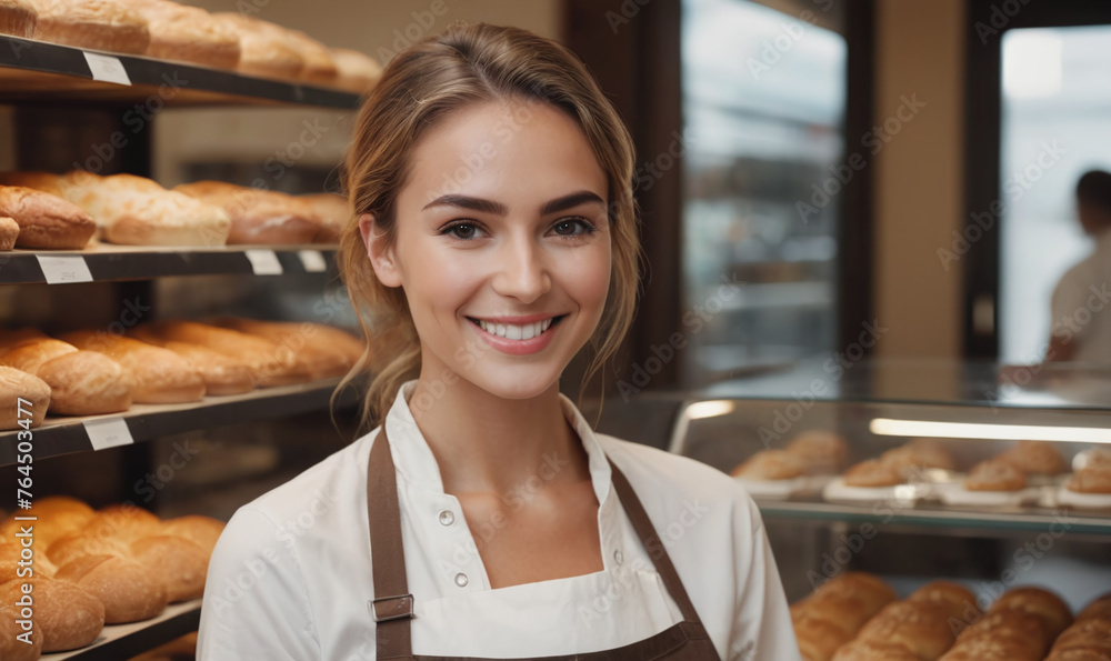 Beautiful young female baker standing in a bakery and smiling at the camera