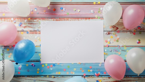 Festive Card with Balloons on Wooden Table