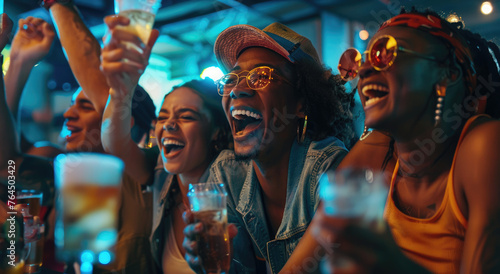 A group of friends cheering and laughing while watching sports in a bar, holding beer glasses with their hands up, enjoying each other's company together on game night