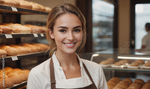 Beautiful young female baker standing in a bakery and smiling at the camera