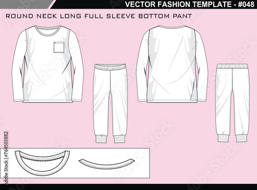 TECH PACK ROUND NECK LONG FULL SLEEVE BOTTOM PANT FASHION EASY EDITABLE TECHNICAL FLAT SKETCH ILLUSTRATION DESIGN.eps photo