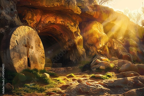 Resurrection Dawn at Christ's Empty Tomb. Easter Sunday Illustration - Christ is Risen.
 photo