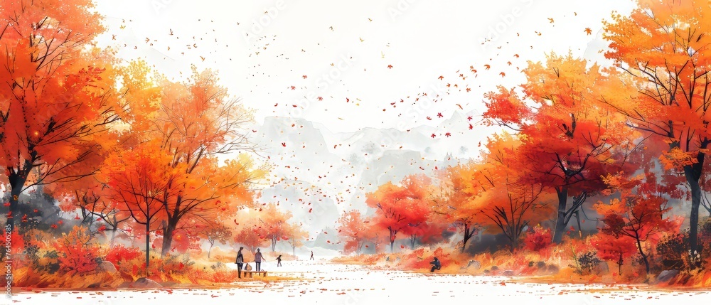 Natural autumn background with villagers on a picnic, people on vacation in the park and trees. Drawing from the hand. - obrazy, fototapety, plakaty 