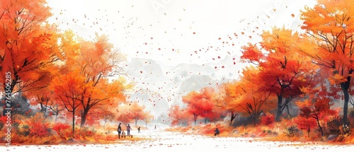 Natural autumn background with villagers on a picnic, people on vacation in the park and trees. Drawing from the hand.