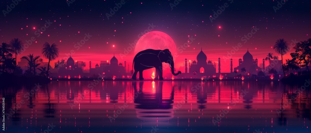 Modern background or poster of Diwali, the Indian festival of lights. Seamless flat illustration of light, elephant, Indian woman, and other objects for the holiday.