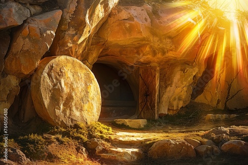 Resurrection Dawn at Christ's Empty Tomb. Easter Sunday Illustration - Christ is Risen. 