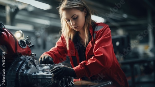 Female worker assembling engines on a vehicle assembly line in the automotive industry