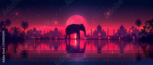 Modern background or poster of Diwali, the Indian festival of lights. Seamless flat illustration of light, elephant, Indian woman, and other objects for the holiday. photo