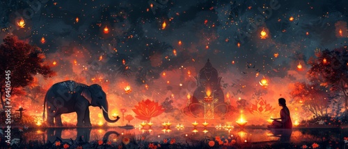 Happy Diwali. Indian festival of lights. Modern abstract flat illustration for background or poster with lights, elephant, Indian woman, and other objects. photo