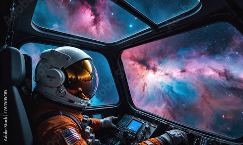 cockpit of a spacecraft, a lone astronaut gazes out the window at the breathtaking sight of a nearby nebula, vibrant colors swirling in the vastness of space, accompanied by a mix of excitement and se