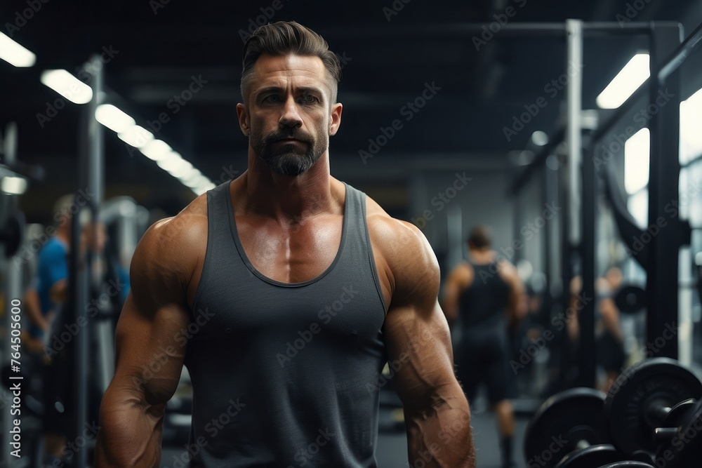 Fototapeta premium male bodybuilder lifting barbell in gym to train muscle strength and body fitness