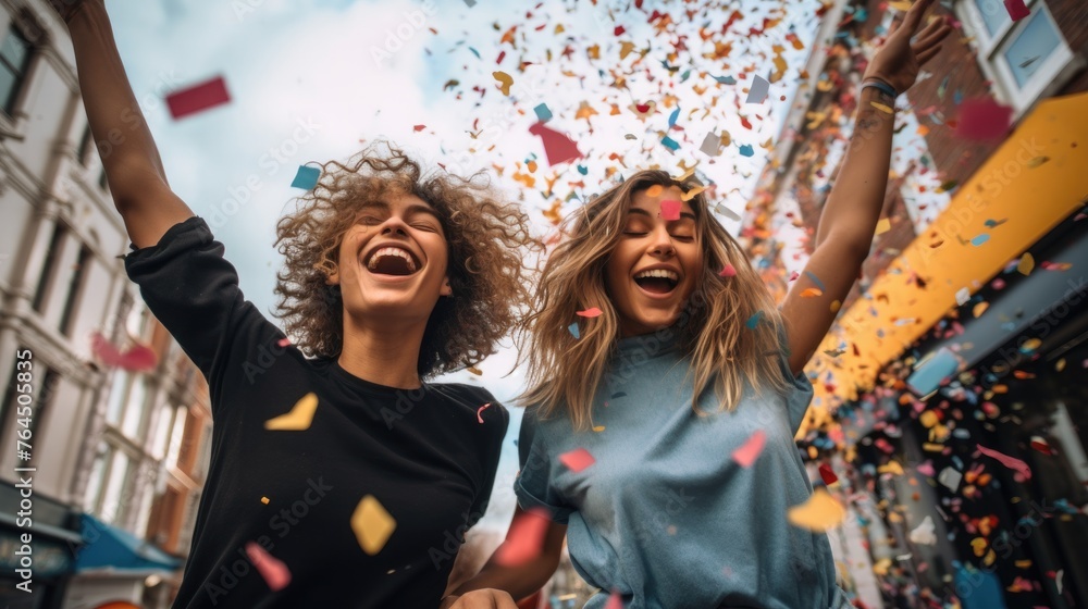 Happy friends celebrating throwing confetti in the air Happy friends celebrating throwing confetti in the air