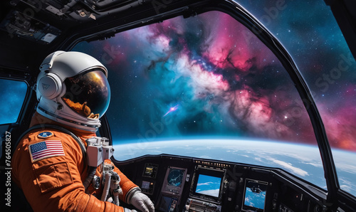 cockpit of a spacecraft, a lone astronaut gazes out the window at the breathtaking sight of a nearby nebula, vibrant colors swirling in the vastness of space, accompanied by a mix of excitement and se photo